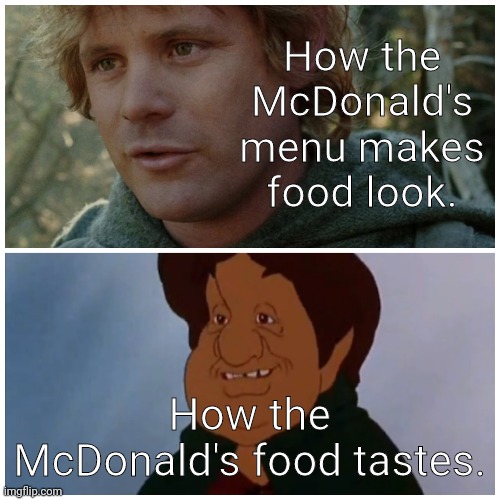 McDonald's food | How the McDonald's menu makes food look. How the McDonald's food tastes. | image tagged in samwise gamgee comparison,memes,lord of the rings | made w/ Imgflip meme maker