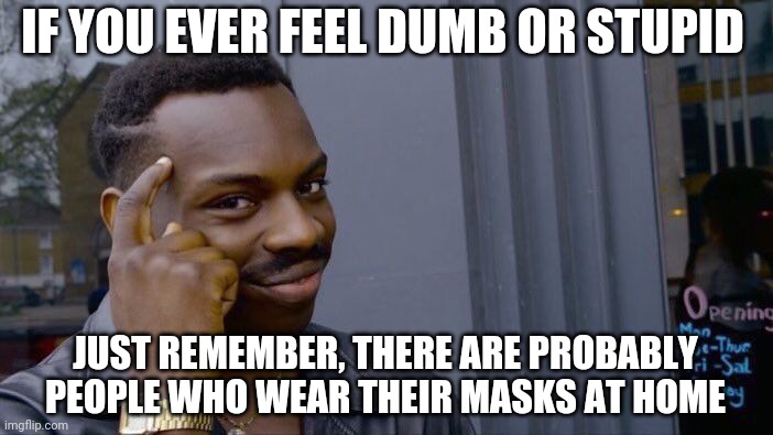 I'm not sure if this is actually true, but please don't come at me for it. | IF YOU EVER FEEL DUMB OR STUPID; JUST REMEMBER, THERE ARE PROBABLY PEOPLE WHO WEAR THEIR MASKS AT HOME | image tagged in memes,roll safe think about it | made w/ Imgflip meme maker