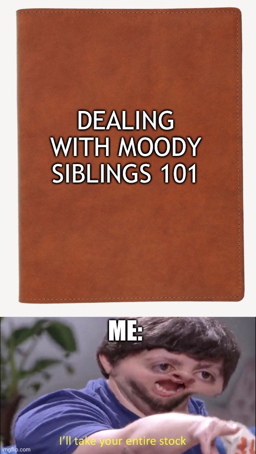 DEALING WITH MOODY SIBLINGS 101; ME: | image tagged in blank book cover,i'll take your entire stock | made w/ Imgflip meme maker