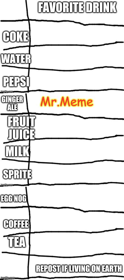 FAVORITE DRINK; COKE; WATER; PEPSI; Mr.Meme; GINGER ALE; FRUIT JUICE; MILK; SPRITE; EGG NOG; COFFEE; TEA; REPOST IF LIVING ON EARTH | image tagged in a list | made w/ Imgflip meme maker