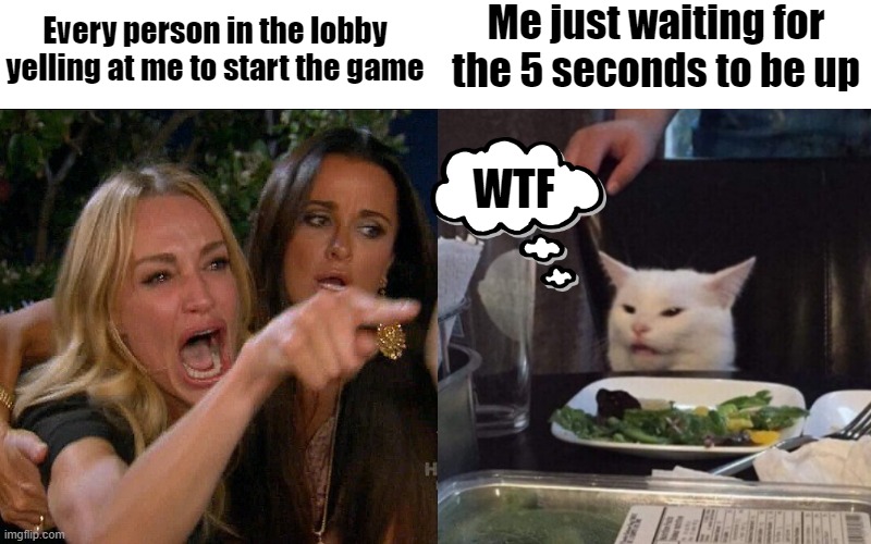 Among Us Hosts | Every person in the lobby yelling at me to start the game; Me just waiting for the 5 seconds to be up; WTF | image tagged in woman yelling at cat | made w/ Imgflip meme maker