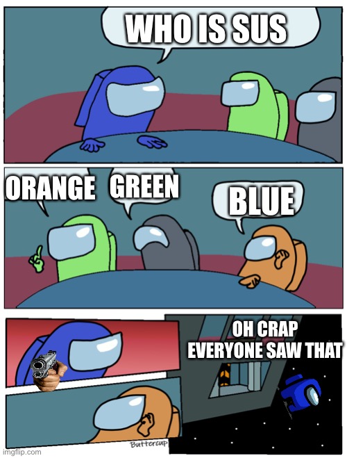 Blue tried to threaten but it didn’t work | WHO IS SUS; ORANGE; BLUE; GREEN; OH CRAP EVERYONE SAW THAT | image tagged in among us meeting | made w/ Imgflip meme maker