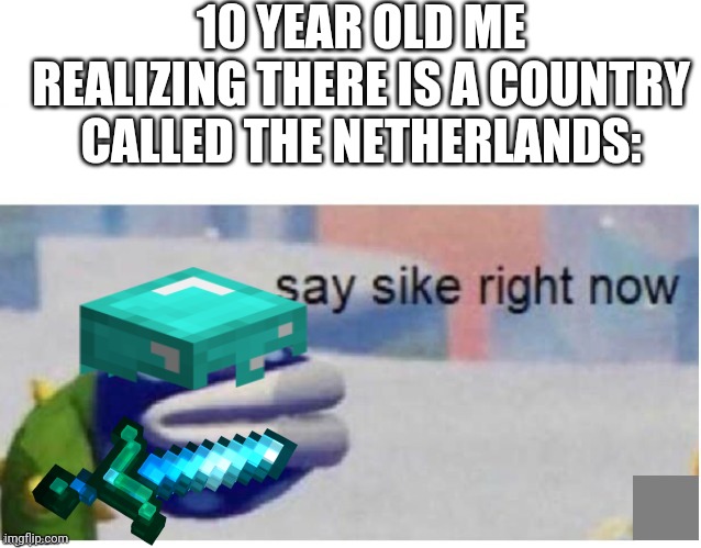 Well, you're gonna die | 10 YEAR OLD ME REALIZING THERE IS A COUNTRY CALLED THE NETHERLANDS: | image tagged in minecraft,memes,funny,say sike right now | made w/ Imgflip meme maker