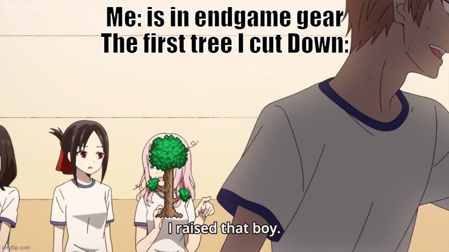 Terraria I Raised That Boy | Me: is in endgame gear
The first tree I cut Down: | image tagged in i raised that boy | made w/ Imgflip meme maker