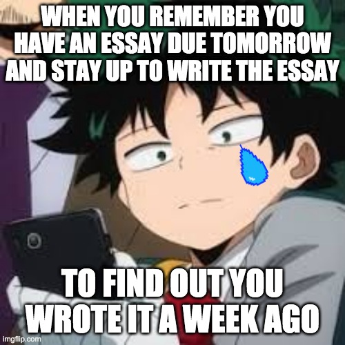 Deku dissapointed | WHEN YOU REMEMBER YOU HAVE AN ESSAY DUE TOMORROW AND STAY UP TO WRITE THE ESSAY; TO FIND OUT YOU WROTE IT A WEEK AGO | image tagged in deku dissapointed | made w/ Imgflip meme maker