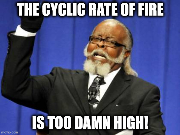 The Rate of Fire is Too Damn High | THE CYCLIC RATE OF FIRE; IS TOO DAMN HIGH! | image tagged in memes,too damn high,guns | made w/ Imgflip meme maker