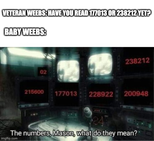 The numbers mason, what do they mean? | VETERAN WEEBS: HAVE YOU READ 177013 OR 238212 YET? BABY WEEBS: | image tagged in the numbers mason what do they mean | made w/ Imgflip meme maker