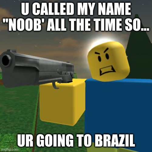 untitled | U CALLED MY NAME "NOOB' ALL THE TIME SO... UR GOING TO BRAZIL | image tagged in roblox noob with a gun,funny memes | made w/ Imgflip meme maker