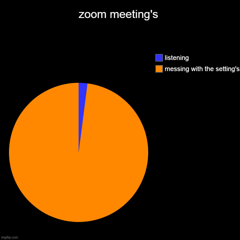 so true | zoom meeting's | messing with the setting's, listening | image tagged in charts,pie charts,zoom meetings | made w/ Imgflip chart maker