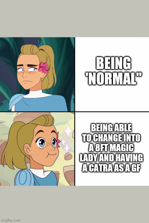 Yes this is in the cats stream | BEING 'NORMAL"; BEING ABLE TO CHANGE INTO A 8FT MAGIC LADY AND HAVING A CATRA AS A GF | image tagged in adora yes no | made w/ Imgflip meme maker