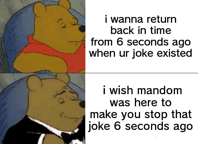 how to say your joke is rubbish in the jjba way | i wanna return back in time from 6 seconds ago when ur joke existed; i wish mandom was here to make you stop that joke 6 seconds ago | image tagged in memes,tuxedo winnie the pooh | made w/ Imgflip meme maker