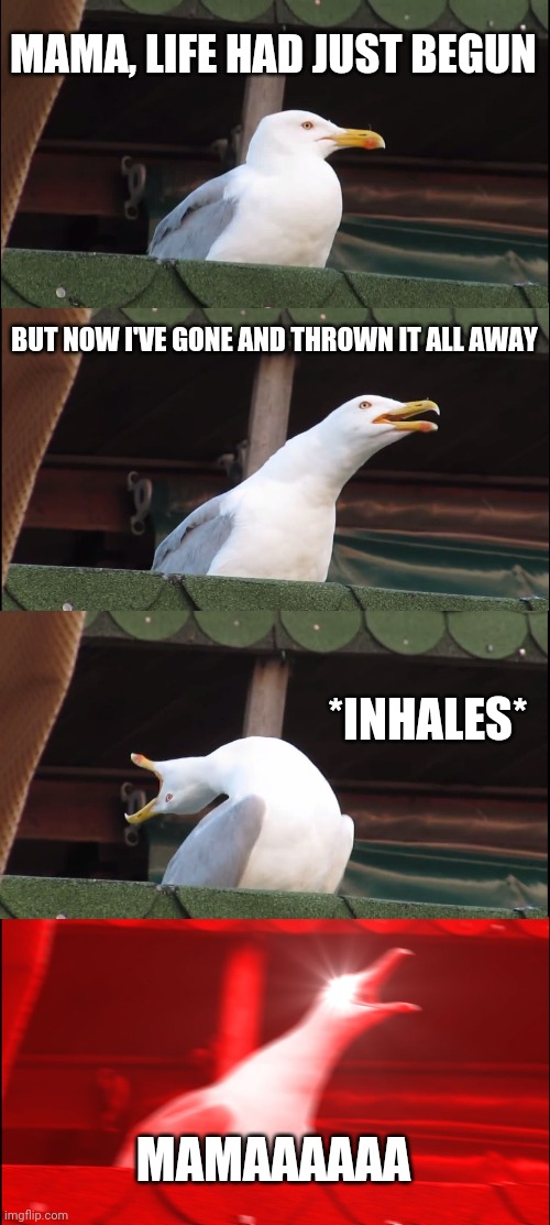 Inhaling Seagull Meme | MAMA, LIFE HAD JUST BEGUN; BUT NOW I'VE GONE AND THROWN IT ALL AWAY; *INHALES*; MAMAAAAAA | image tagged in memes,inhaling seagull | made w/ Imgflip meme maker