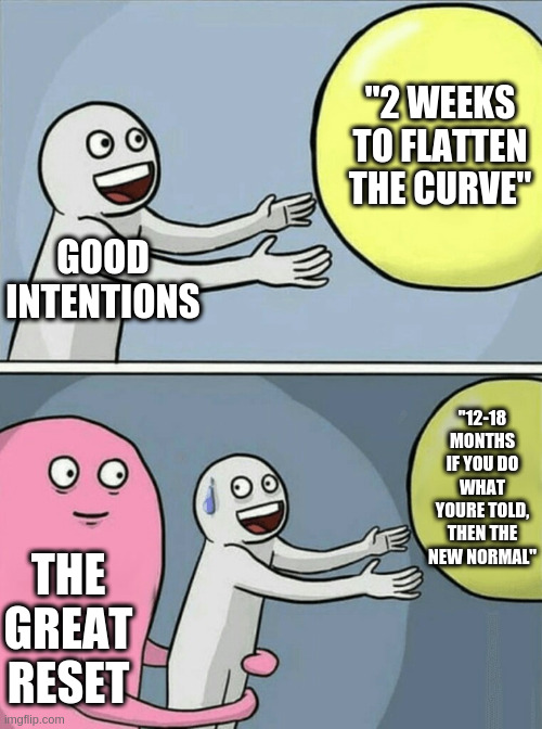 2 weeks to flatten the curve | "2 WEEKS TO FLATTEN THE CURVE"; GOOD INTENTIONS; "12-18 MONTHS IF YOU DO WHAT YOURE TOLD, THEN THE NEW NORMAL"; THE GREAT RESET | image tagged in covid,lockdown,great reset,new normal,economy,flatten the curve | made w/ Imgflip meme maker
