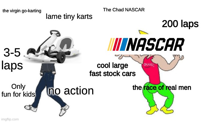 Motor-sports | the virgin go-karting; The Chad NASCAR; lame tiny karts; 200 laps; 3-5 laps; cool large fast stock cars; the race of real men; Only fun for kids; no action | image tagged in virgin vs chad | made w/ Imgflip meme maker