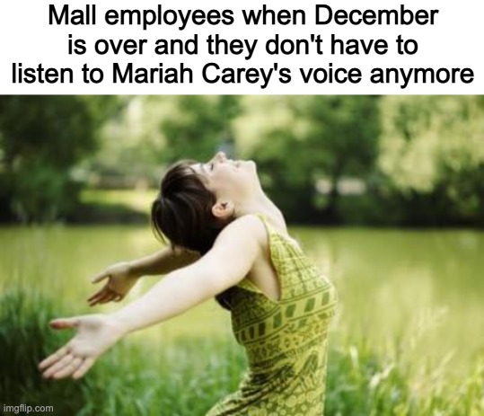  Mall employees when December is over and they don't have to listen to Mariah Carey's voice anymore | image tagged in blank white template,that moment when relief | made w/ Imgflip meme maker