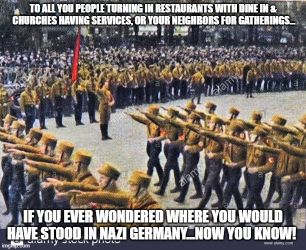 Covid brown shirts | TO ALL YOU PEOPLE TURNING IN RESTAURANTS WITH DINE IN &
 CHURCHES HAVING SERVICES, OR YOUR NEIGHBORS FOR GATHERINGS... IF YOU EVER WONDERED WHERE YOU WOULD HAVE STOOD IN NAZI GERMANY...NOW YOU KNOW! | image tagged in covid,corona,corona nazis,covid nazi,covid communist | made w/ Imgflip meme maker