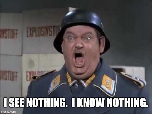 Sgt. Schultz shouting | I SEE NOTHING.  I KNOW NOTHING. | image tagged in sgt schultz shouting | made w/ Imgflip meme maker
