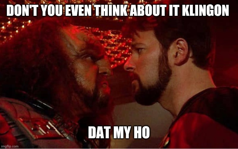 Riker Klingon Face to Face | DON'T YOU EVEN THINK ABOUT IT KLINGON DAT MY HO | image tagged in riker klingon face to face | made w/ Imgflip meme maker