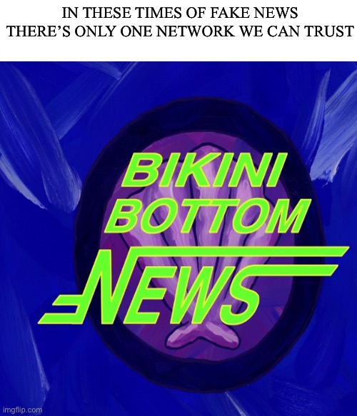 IN THESE TIMES OF FAKE NEWS THERE’S ONLY ONE NETWORK WE CAN TRUST | image tagged in bikini bottom,spongebob | made w/ Imgflip meme maker