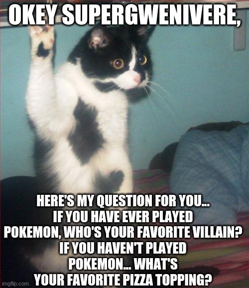 question cat | HERE'S MY QUESTION FOR YOU...

IF YOU HAVE EVER PLAYED POKEMON, WHO'S YOUR FAVORITE VILLAIN?

IF YOU HAVEN'T PLAYED POKEMON... WHAT'S YOUR FAVORITE PIZZA TOPPING? OKEY SUPERGWENIVERE, | image tagged in question cat | made w/ Imgflip meme maker