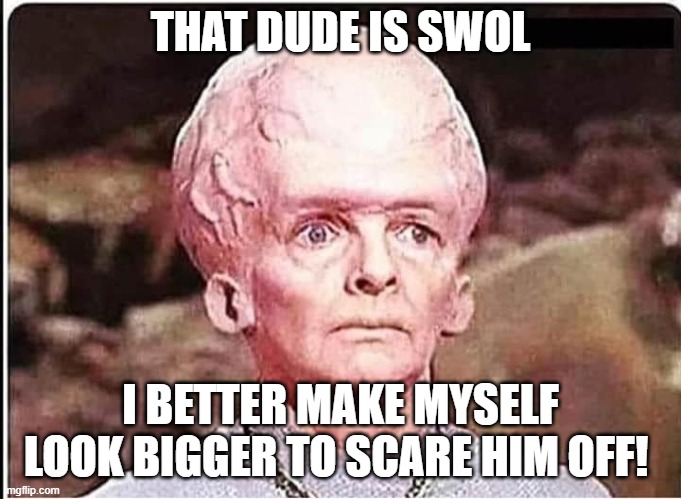 STAR TREK SWOLLEN BRAIN | THAT DUDE IS SWOL I BETTER MAKE MYSELF LOOK BIGGER TO SCARE HIM OFF! | image tagged in star trek swollen brain | made w/ Imgflip meme maker