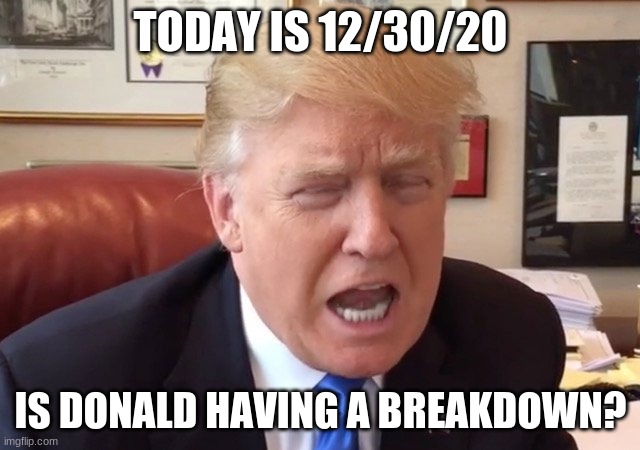 trump crying | TODAY IS 12/30/20; IS DONALD HAVING A BREAKDOWN? | image tagged in trump crying,ihavenoideawhatimdoing,haha,donald trump,election 2020,trump 2020 | made w/ Imgflip meme maker