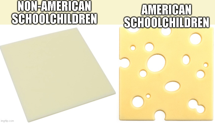 NON-AMERICAN SCHOOLCHILDREN; AMERICAN SCHOOLCHILDREN | image tagged in cheese,school shooting,children | made w/ Imgflip meme maker