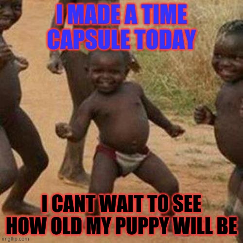 this is kinda horrible... | I MADE A TIME CAPSULE TODAY; I CANT WAIT TO SEE HOW OLD MY PUPPY WILL BE | image tagged in memes,third world success kid | made w/ Imgflip meme maker