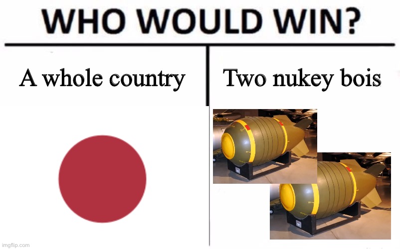 A whole country; Two nukey bois | image tagged in nuke | made w/ Imgflip meme maker