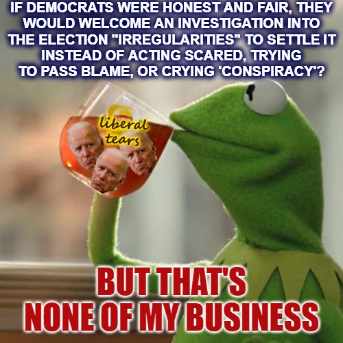 But That's None Of My Business Meme | IF DEMOCRATS WERE HONEST AND FAIR, THEY
WOULD WELCOME AN INVESTIGATION INTO

THE ELECTION "IRREGULARITIES" TO SETTLE IT INSTEAD OF ACTING SCARED, TRYING TO PASS BLAME, OR CRYING 'CONSPIRACY'? liberal
tears; BUT THAT'S NONE OF MY BUSINESS | image tagged in but that's none of my business,election fraud,rigged elections,biden obama,sad joe biden | made w/ Imgflip meme maker