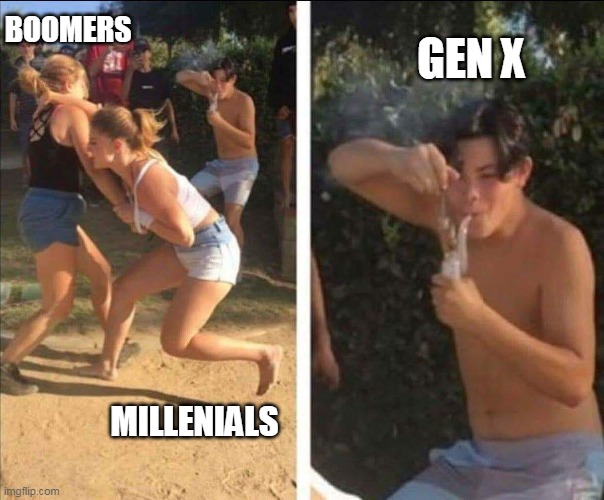  BOOMERS; GEN X; MILLENIALS | image tagged in dabbing guy,GenX | made w/ Imgflip meme maker
