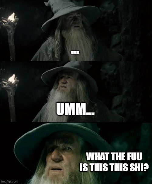 Confused Gandalf Meme | ... UMM... WHAT THE FUU IS THIS THIS SHI? | image tagged in memes,confused gandalf | made w/ Imgflip meme maker