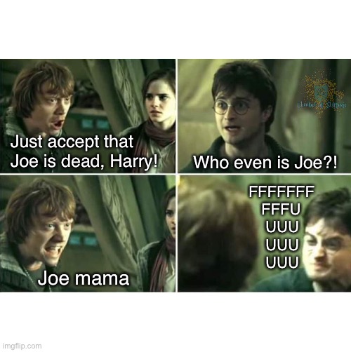 Ron got no chill | Just accept that Joe is dead, Harry! Who even is Joe?! FFFFFFF
            FFFU
             UUU
             UUU
             UUU; Joe mama | image tagged in harry potter,ron weasley | made w/ Imgflip meme maker