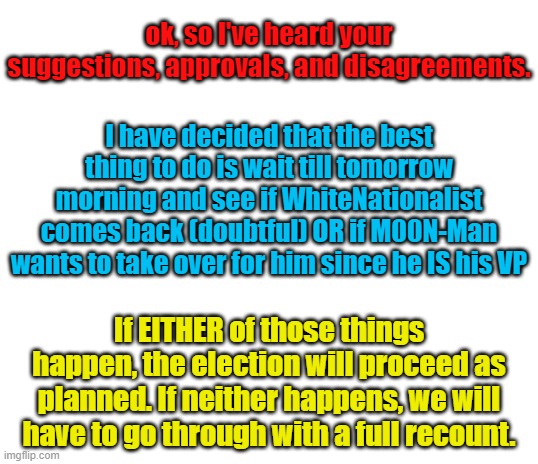 We'll decide exactly what we're doing tomorrow morning, but here's the plan | ok, so I've heard your suggestions, approvals, and disagreements. I have decided that the best thing to do is wait till tomorrow morning and see if WhiteNationalist comes back (doubtful) OR if M00N-Man wants to take over for him since he IS his VP; If EITHER of those things happen, the election will proceed as planned. If neither happens, we will have to go through with a full recount. | image tagged in blank white template | made w/ Imgflip meme maker