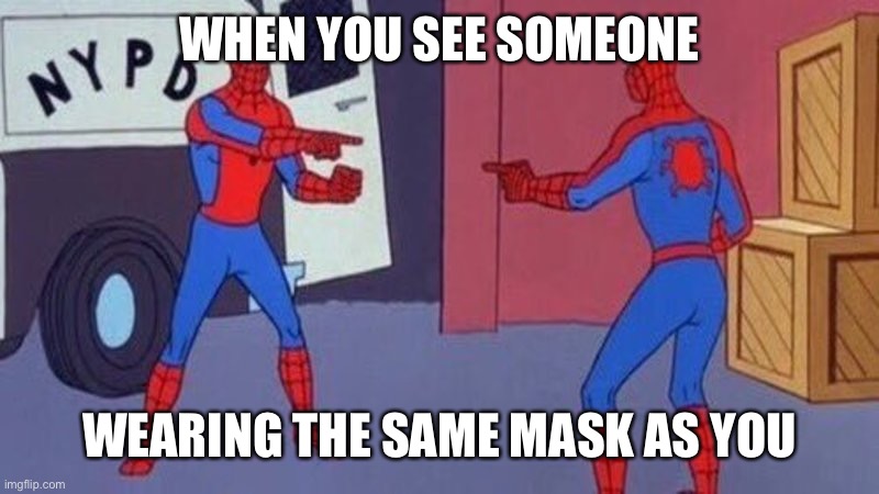 Spiderman Double | WHEN YOU SEE SOMEONE; WEARING THE SAME MASK AS YOU | image tagged in spiderman double | made w/ Imgflip meme maker