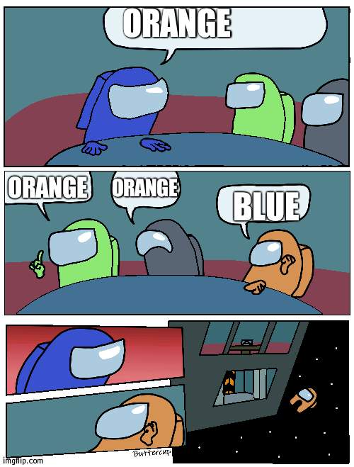 among us meeting in a nutshell | ORANGE; ORANGE; ORANGE; BLUE | image tagged in among us meeting | made w/ Imgflip meme maker