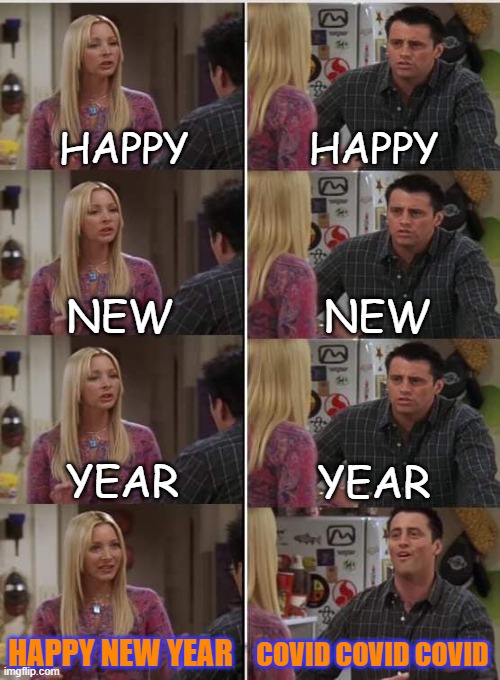 new year | HAPPY; HAPPY; NEW; NEW; YEAR; YEAR; HAPPY NEW YEAR; COVID COVID COVID | image tagged in phoebe joey | made w/ Imgflip meme maker