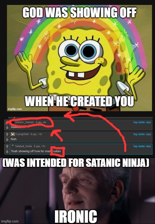 (WAS INTENDED FOR SATANIC NINJA); IRONIC | image tagged in palpatine ironic | made w/ Imgflip meme maker
