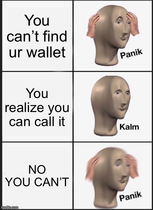 Only me? | You can’t find ur wallet; You realize you can call it; NO YOU CAN’T | image tagged in memes,panik kalm panik | made w/ Imgflip meme maker