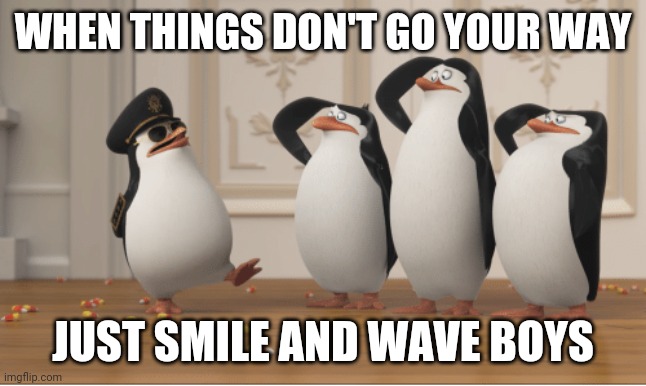 Penguins of Madagascar | WHEN THINGS DON'T GO YOUR WAY; JUST SMILE AND WAVE BOYS | image tagged in penguins of madagascar,memes | made w/ Imgflip meme maker