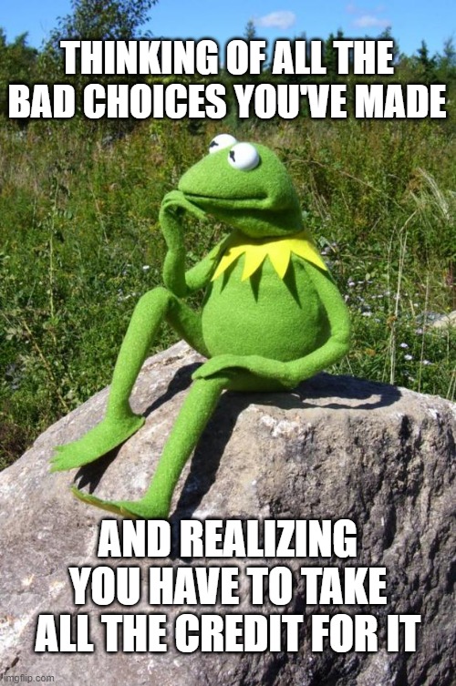 Owning It | THINKING OF ALL THE BAD CHOICES YOU'VE MADE; AND REALIZING YOU HAVE TO TAKE ALL THE CREDIT FOR IT | image tagged in kermit-thinking | made w/ Imgflip meme maker