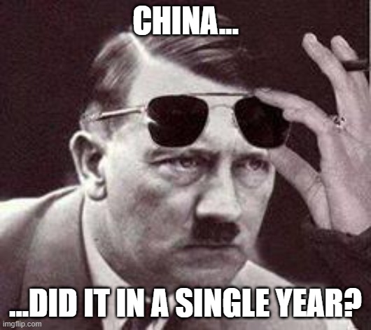 China did it | CHINA... ...DID IT IN A SINGLE YEAR? | image tagged in hitler sunglasses,china,us,covid,election 2020 | made w/ Imgflip meme maker
