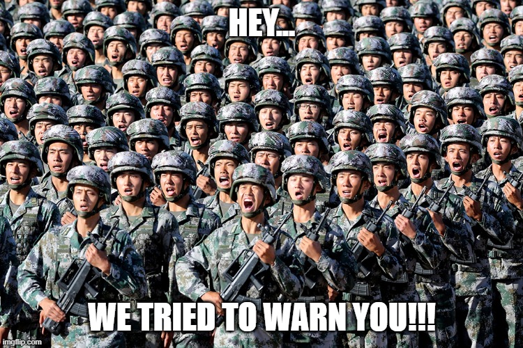 Chinese Invasion |  HEY... WE TRIED TO WARN YOU!!! | image tagged in china invasion,nwo | made w/ Imgflip meme maker