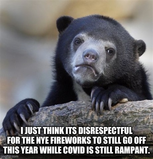 Confession Bear Meme | I JUST THINK ITS DISRESPECTFUL FOR THE NYE FIREWORKS TO STILL GO OFF THIS YEAR WHILE COVID IS STILL RAMPANT. | image tagged in memes,confession bear | made w/ Imgflip meme maker
