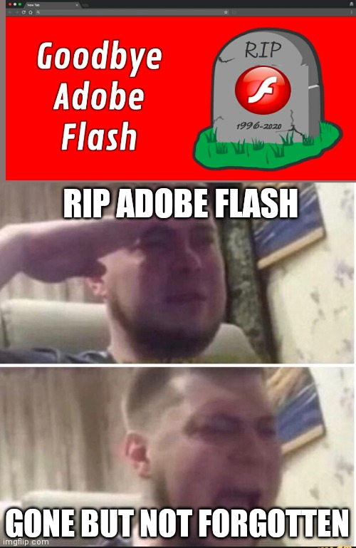 F in the chat for flash | RIP ADOBE FLASH; GONE BUT NOT FORGOTTEN | image tagged in crying salute | made w/ Imgflip meme maker