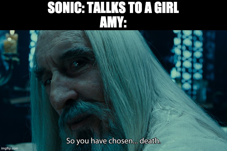 Amy when sonic tallks to a another girl | SONIC: TALLKS TO A GIRL
AMY: | image tagged in sonic the hedgehog | made w/ Imgflip meme maker