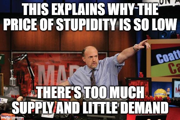 Mad Money Jim Cramer Meme | THIS EXPLAINS WHY THE PRICE OF STUPIDITY IS SO LOW THERE'S TOO MUCH SUPPLY AND LITTLE DEMAND | image tagged in memes,mad money jim cramer | made w/ Imgflip meme maker