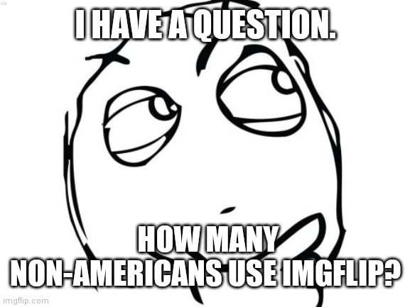 Anyone? Tell me pls? | I HAVE A QUESTION. HOW MANY NON-AMERICANS USE IMGFLIP? | image tagged in memes,question rage face | made w/ Imgflip meme maker