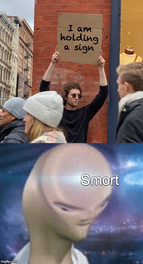 Smort | I am holding a sign; Smort | image tagged in memes,guy holding cardboard sign | made w/ Imgflip meme maker