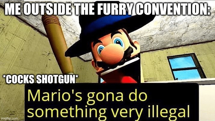 lol | ME OUTSIDE THE FURRY CONVENTION:; *COCKS SHOTGUN* | image tagged in mario s gonna do something very illegal | made w/ Imgflip meme maker